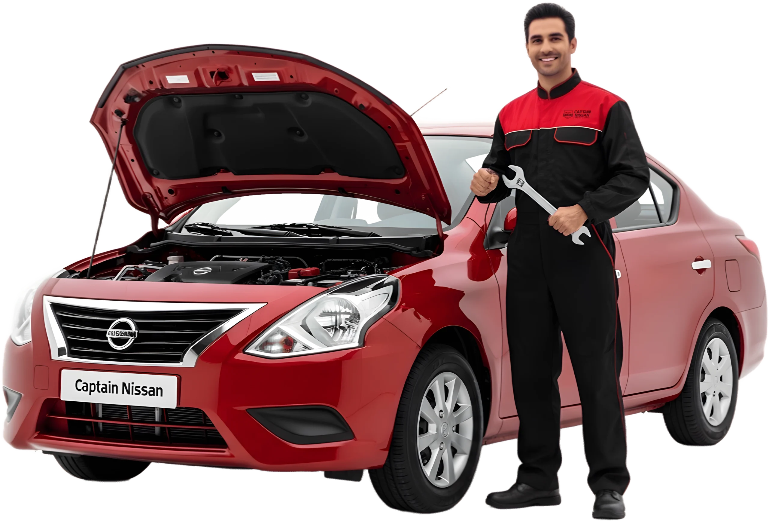 نيسان صني حمراء مفتوح الكبوت وفني من مركز كابتن نيسان يقوم بصيانة المحرك