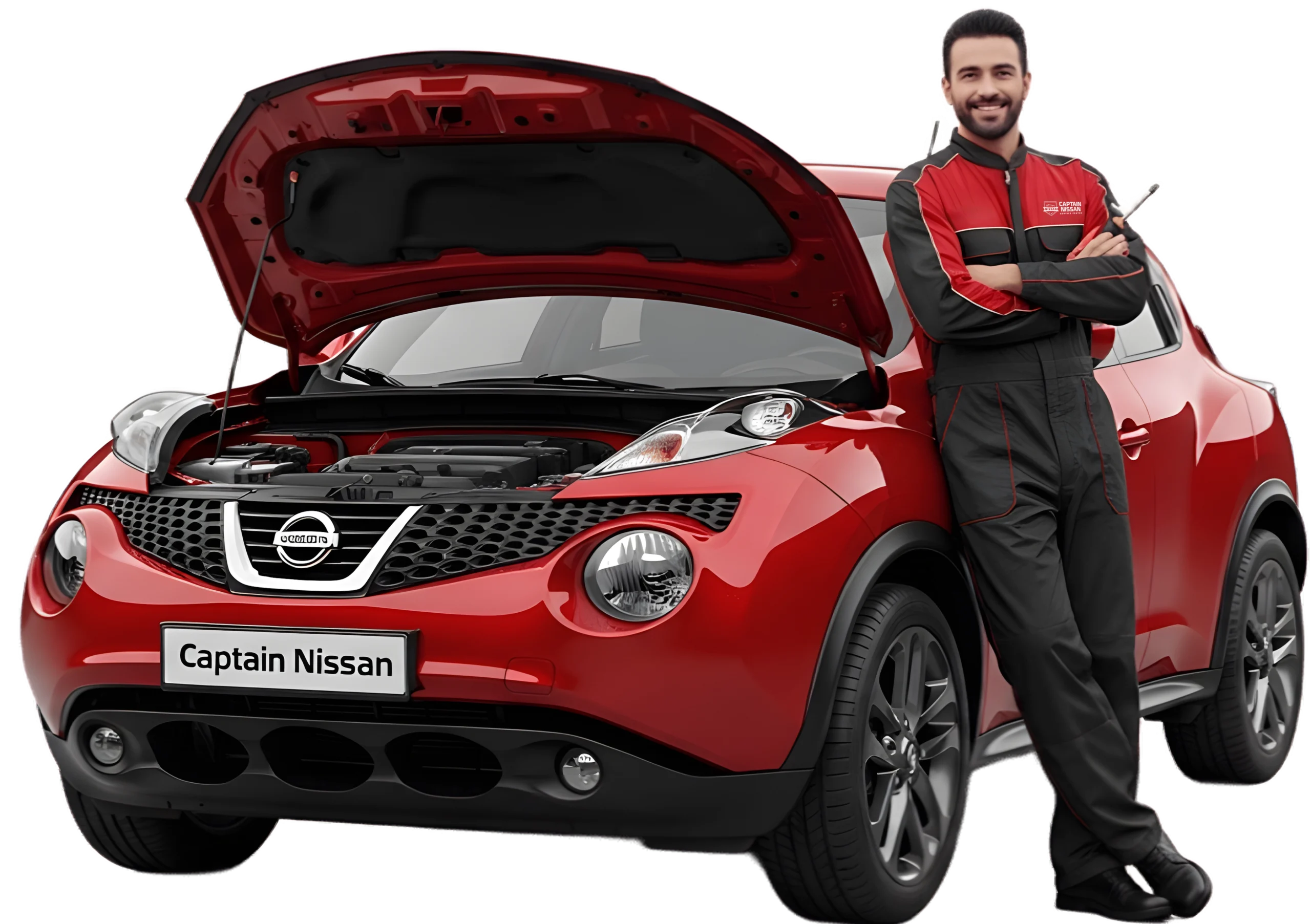 نيسان جوك حمراء مفتوح الكبوت وفني من مركز كابتن نيسان ساند على العربية أثناء الصيانة
