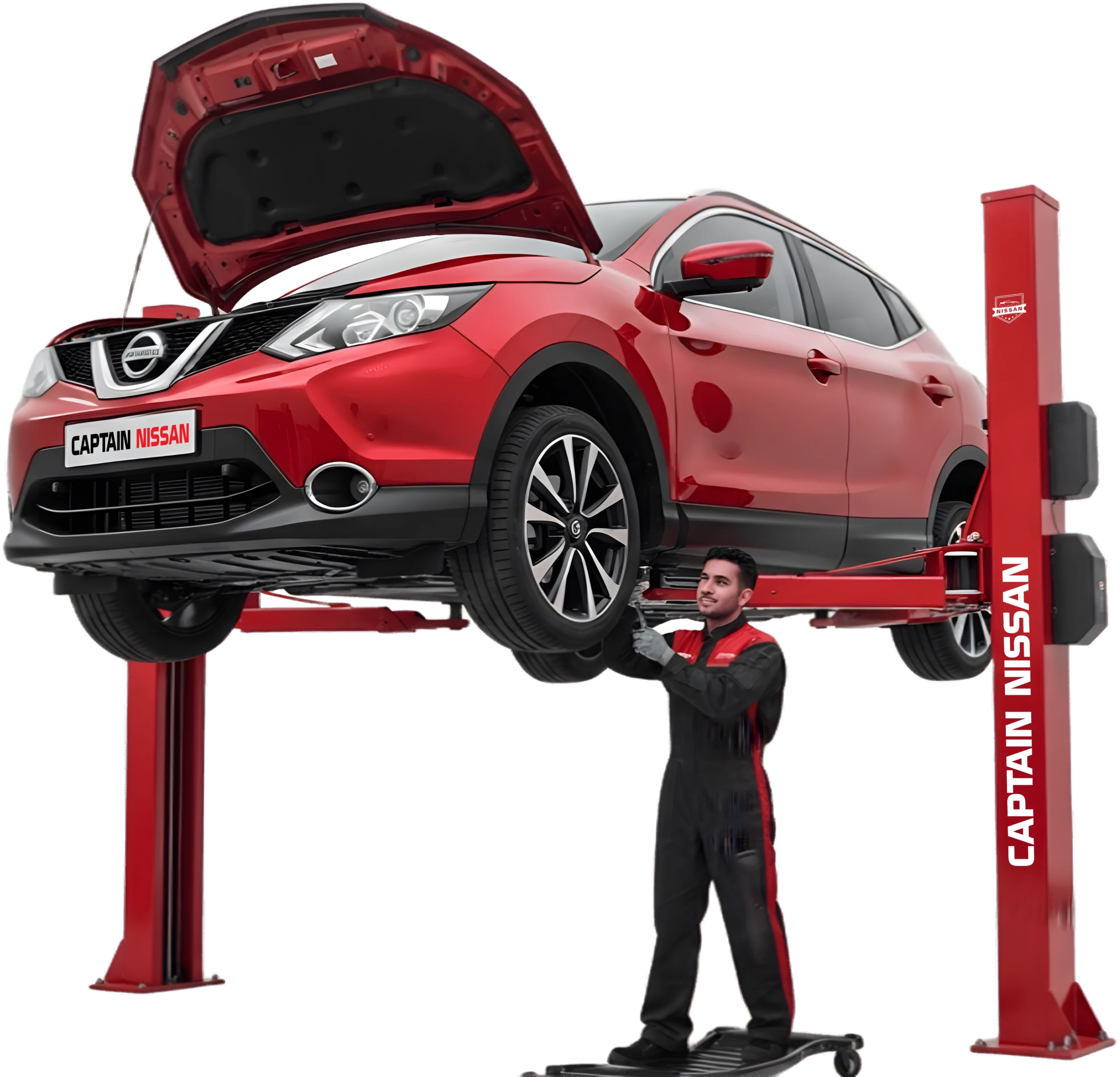 نيسان قشقاي حمراء مرفوعة على ونش ثنائي الأعمدة أثناء الصيانة داخل مركز كابتن نيسان