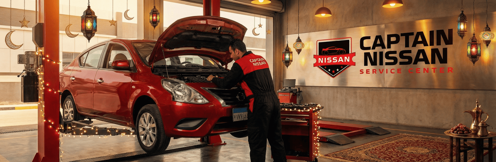 فحص محرك نيسان صني أثناء صيانة 10K في مركز كابتن نيسان